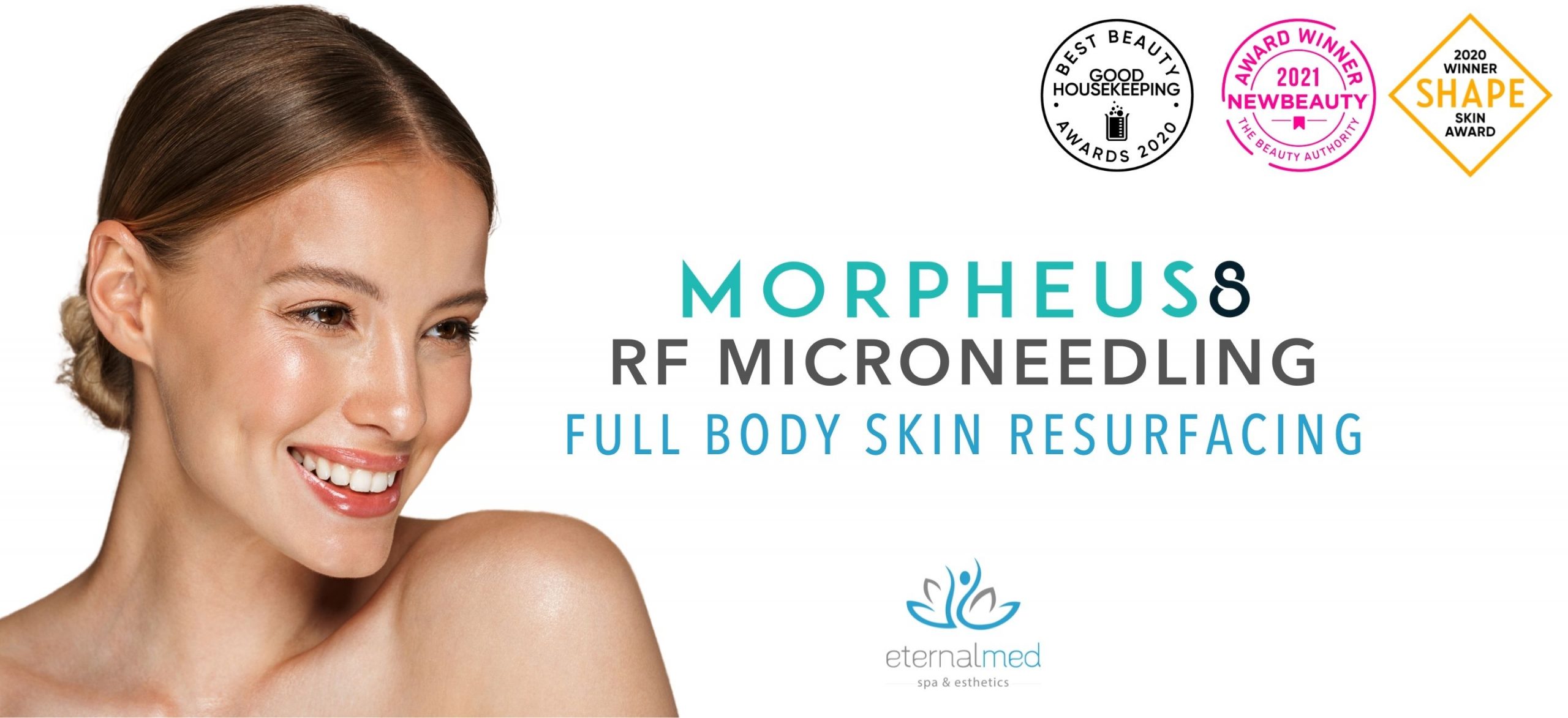 woman with clear face promoting RF microneedling with Morpheus8